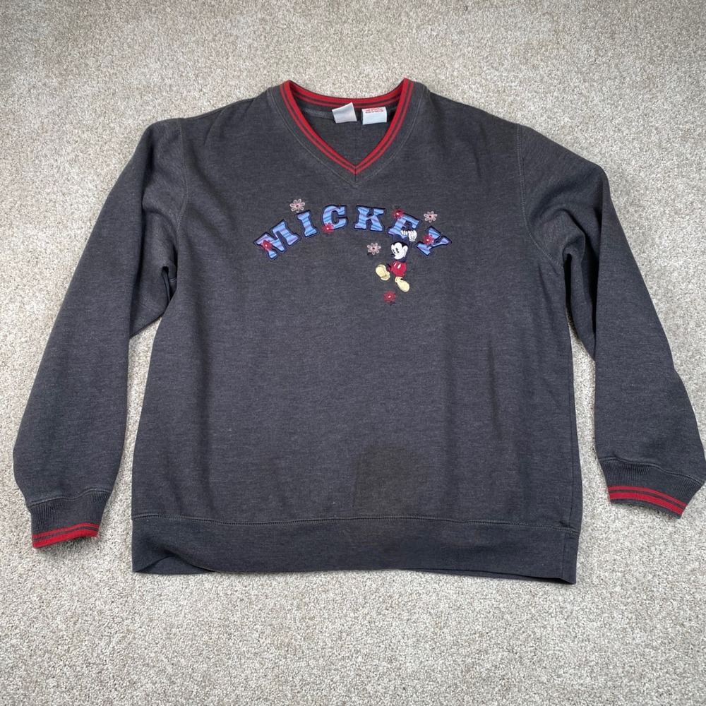 Vintage Disney Mickey Mouse‎ V Neck Sweatshirt Embroidered Gray Large Womens